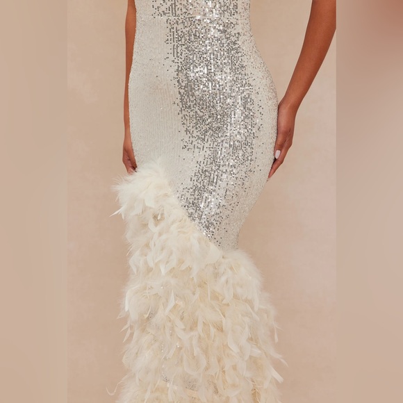 BNWT Fashion Nova FELICITY Sequin Feather Gown 2XL Champagne Colour - Picture 3 of 12